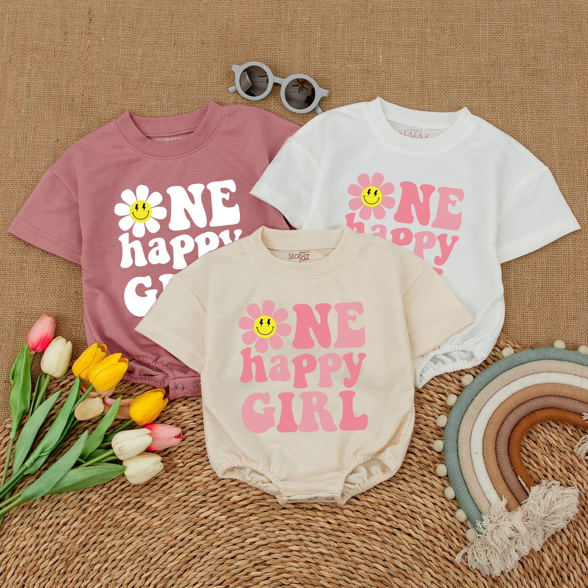 1st Birthday Girl Romper with Smiley Daisy, Baby Shower, Smash Cake