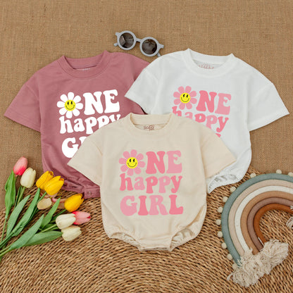 1st Birthday Girl Romper with Smiley Daisy, Baby Shower, Smash Cake