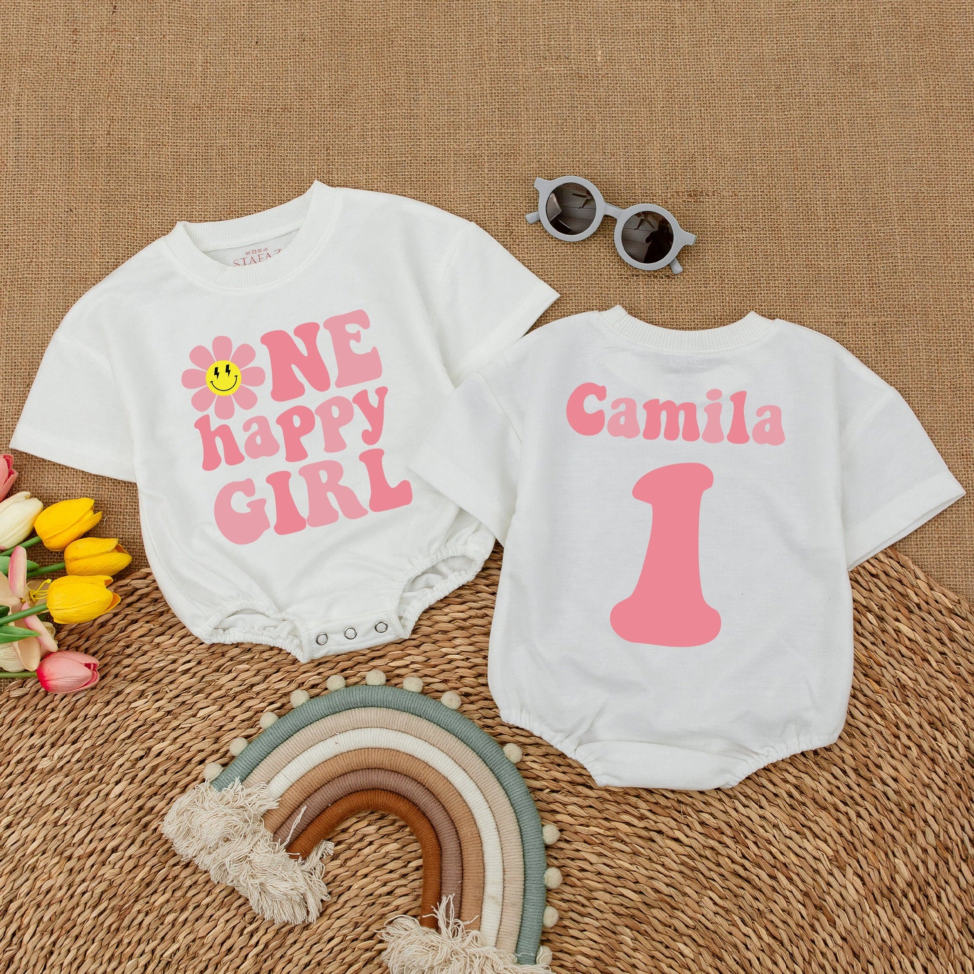 1st Birthday Girl Romper with Smiley Daisy, Baby Shower, Smash Cake