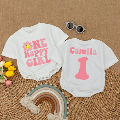 Custom One Happy Girl Romper Smiley Face Daisy Birthday Outfit for Baby Girls Smash Cake Outfit Baby Shower Gift Groovy Retro Style