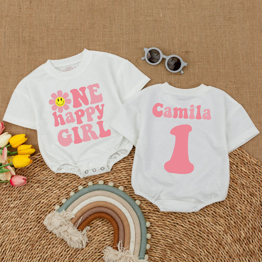 Custom One Happy Girl Romper Smiley Face Daisy Birthday Outfit for Baby Girls Smash Cake Outfit Baby Shower Gift Groovy Retro Style