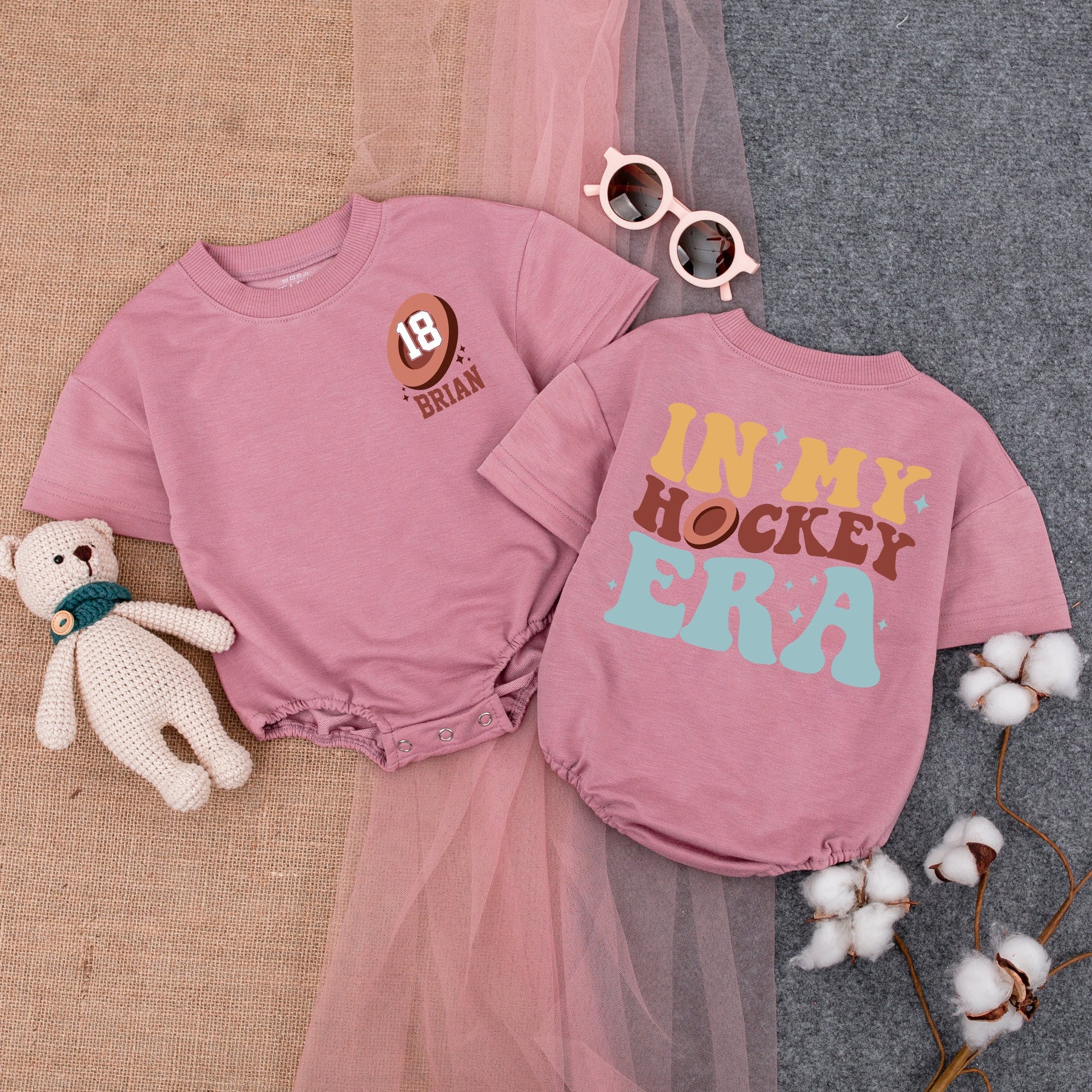 Custom In My Hockey Era Baby Romper Personalized Name 18 Puck Design Future Hockey Player Outfit Short Sleeve Funny Newborn Game Day Fan