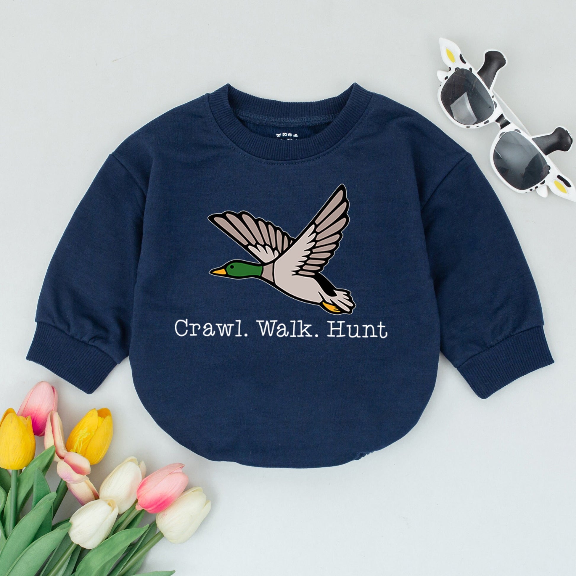 Crawl Walk Hunt Mallard Duck Baby Romper - Little Hunter Bodysuit Newborn Clothes, Duck Hunting Gift, Playful Baby Shower Outfit 134 chars