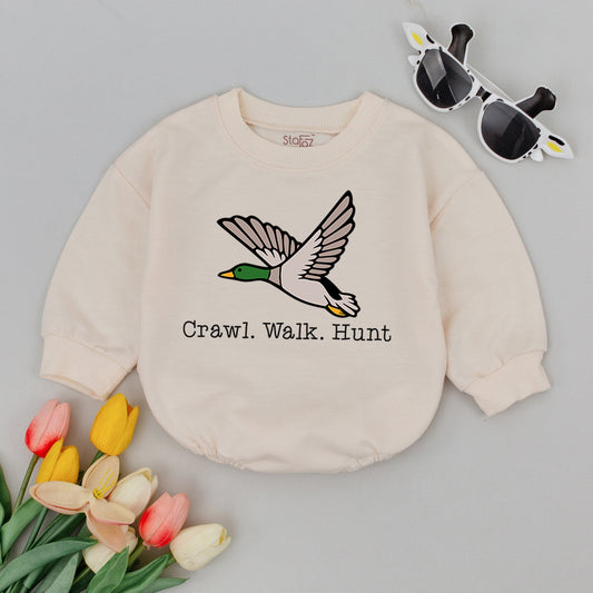 Crawl Walk Hunt Mallard Duck Baby Romper - Little Hunter Bodysuit Newborn Clothes, Duck Hunting Gift, Playful Baby Shower Outfit 134 chars