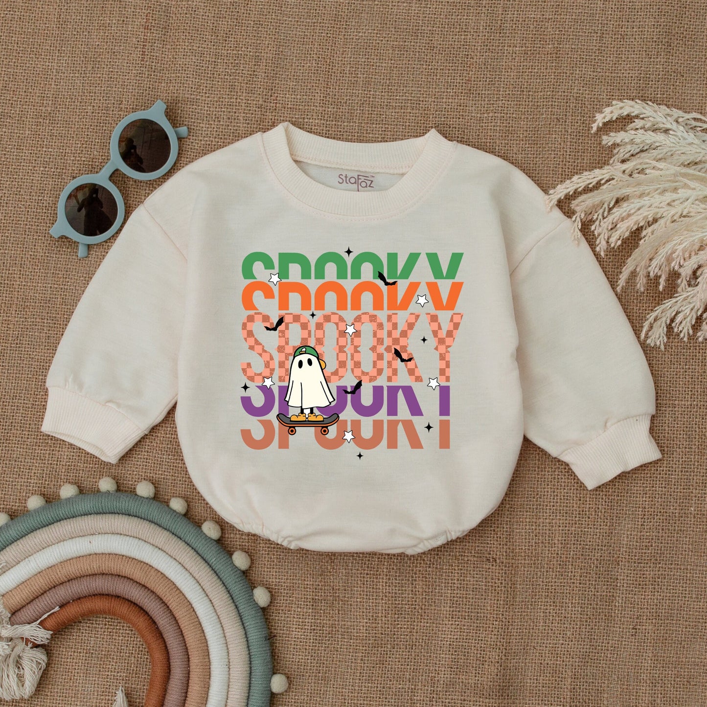 Spooky Skateboard Ghost Romper Vintage Halloween Outfit Baby Boy Girl Clothes Fun Checkered Halloween Gift Playful Spooky Dude Bubble Bodysuit 137