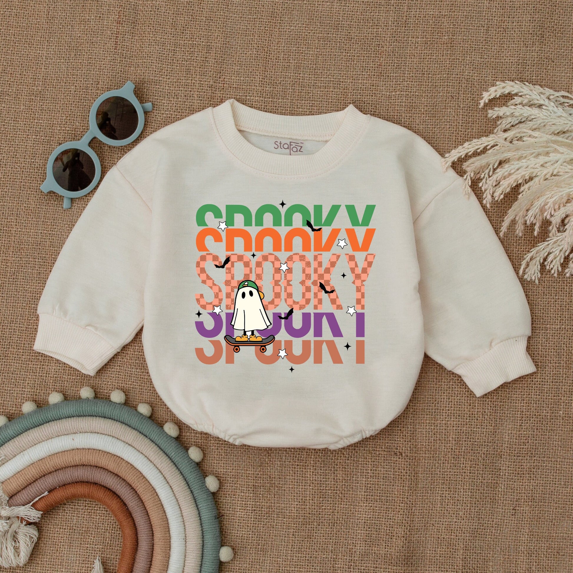 Spooky Skateboard Ghost Romper Vintage Halloween Outfit Baby Boy Girl Clothes Fun Checkered Halloween Gift Playful Spooky Dude Bubble Bodysuit 137