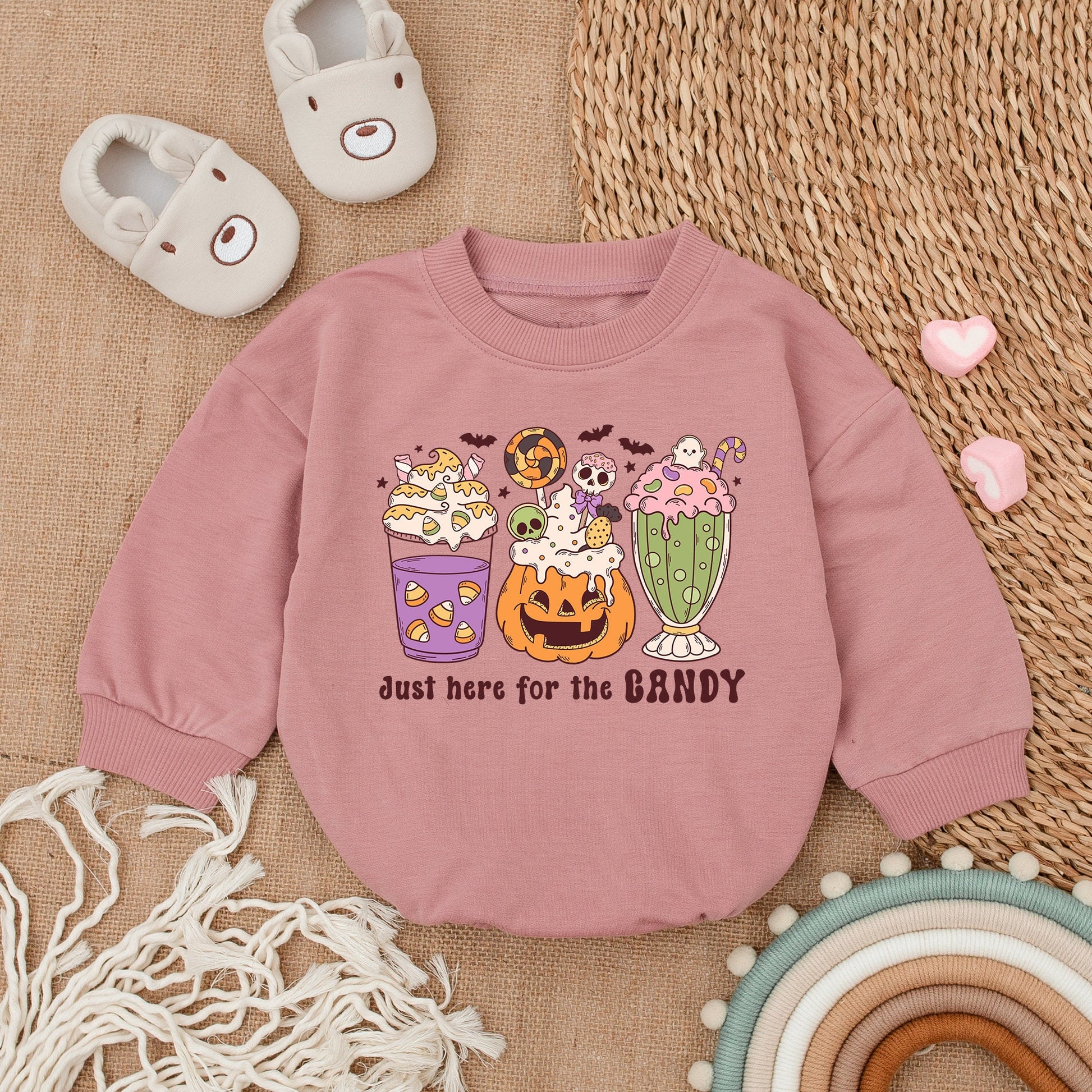 Baby Girl Halloween Romper "Just Here For Candy" Cute Dessert Design First Spooky Fall Outfit Purple Orange Green Ghost Bats Stars