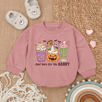Baby Girl Halloween Romper "Just Here For Candy" Cute Dessert Design First Spooky Fall Outfit Purple Orange Green Ghost Bats Stars