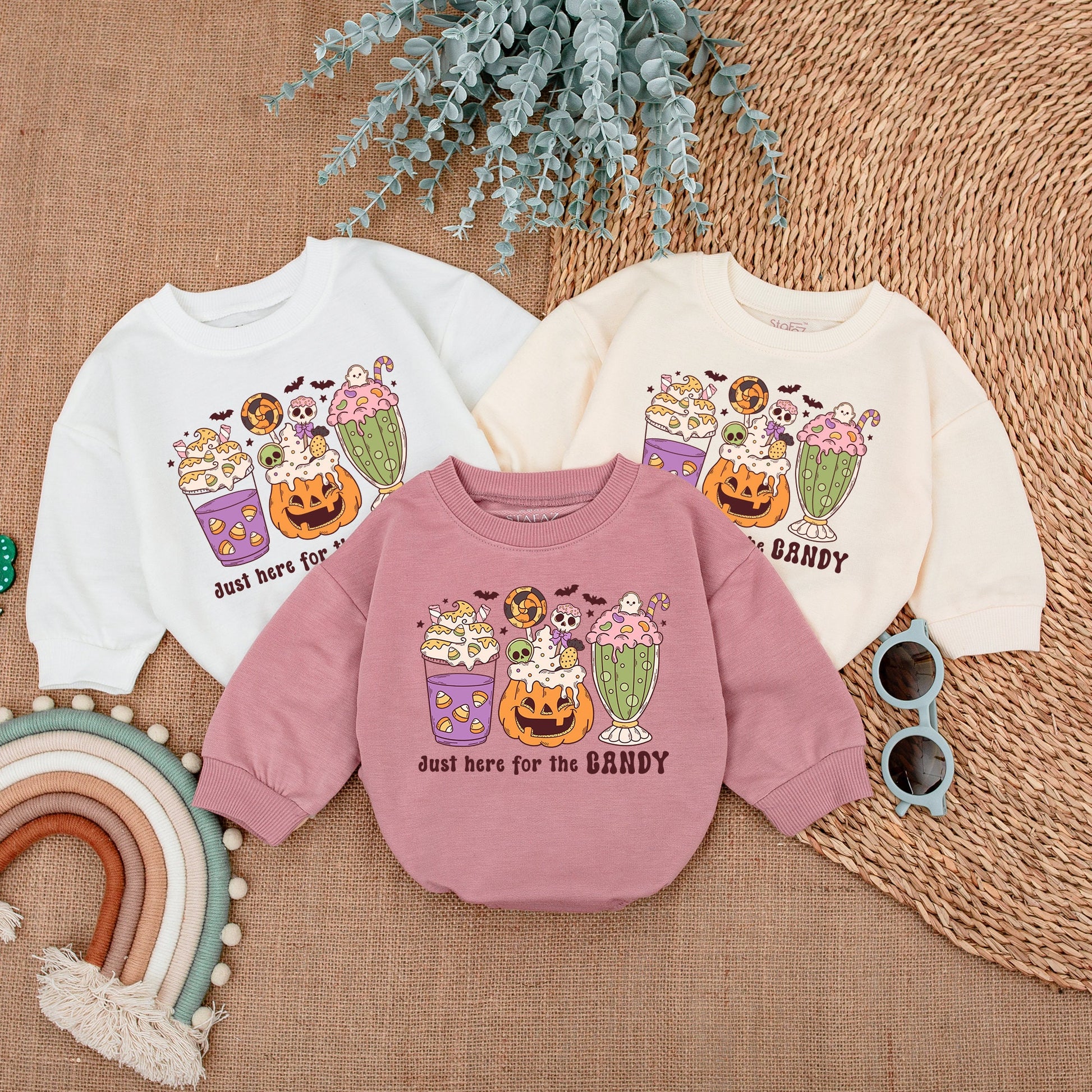 Baby Girl Halloween Romper "Just Here For Candy" Cute Dessert Design First Spooky Fall Outfit Purple Orange Green Ghost Bats Stars