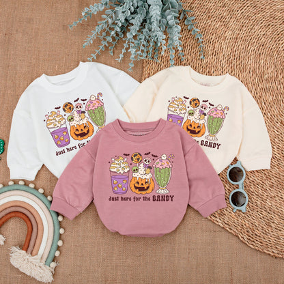 Baby Girl Halloween Romper "Just Here For Candy" Cute Dessert Design First Spooky Fall Outfit Purple Orange Green Ghost Bats Stars