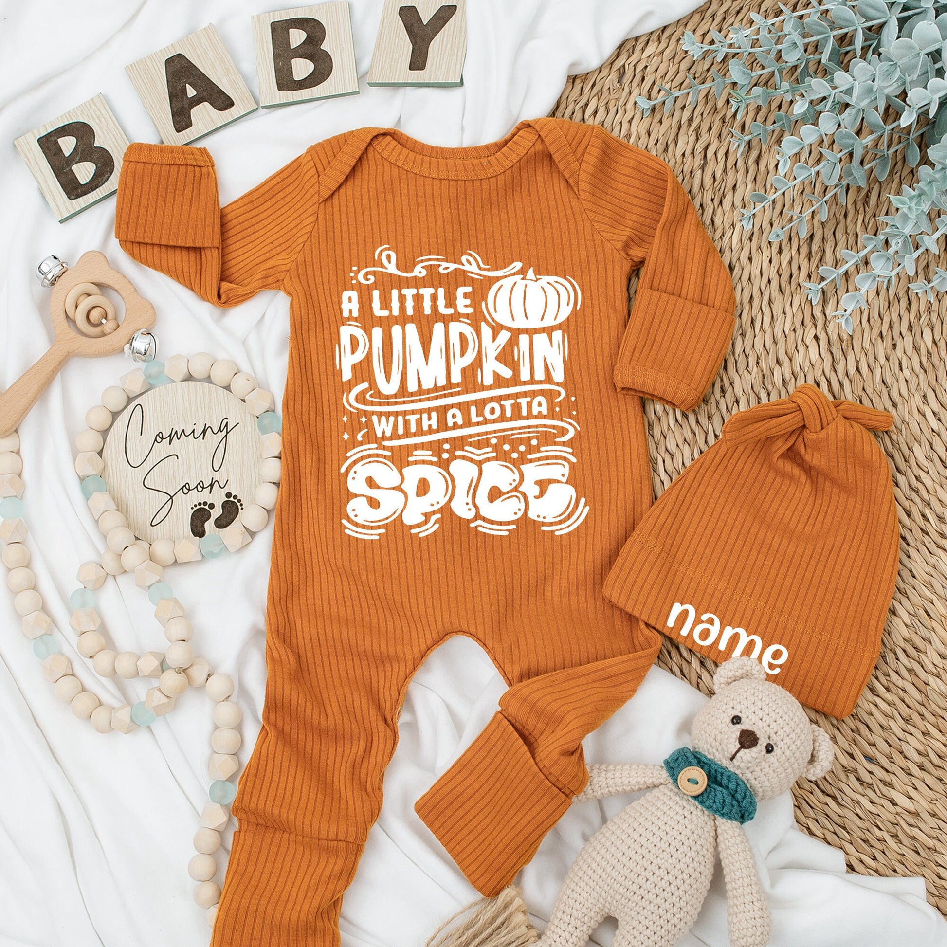 Cute Little Pumpkin Baby Bodysuit and Hat Set Newborn Baby Shower Gift Coming Home Outfit Long Sleeve Baby Announcement