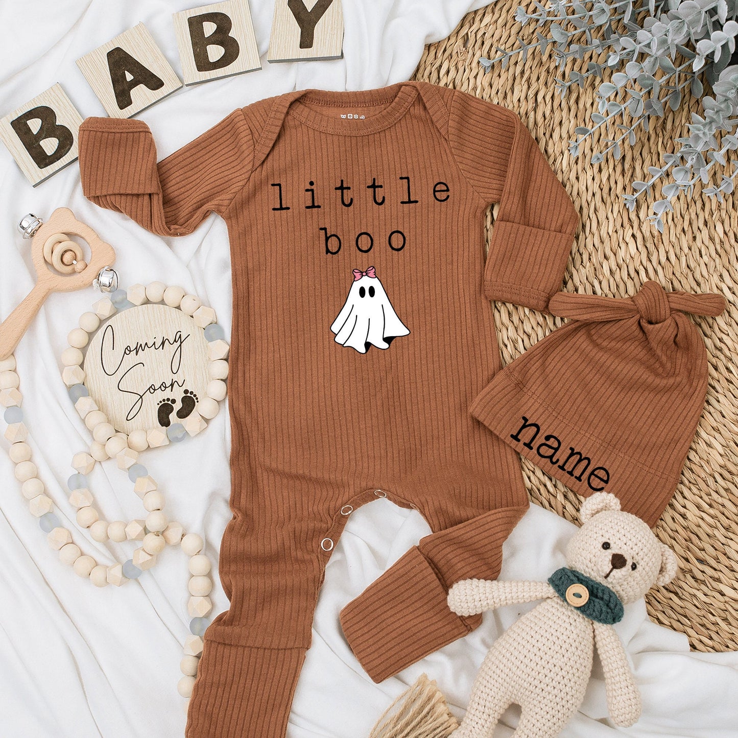 Little Boo Ghost Halloween Bodysuit & Hat Set Custom Name Infant Thanksgiving Fall Baby Shower Outfit