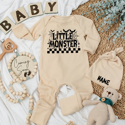 Little Monster Halloween Baby Bodysuit & Hat Set, Newborn Coming Home Outfit, Fall Baby Announcement Gift, Black Spooky Design