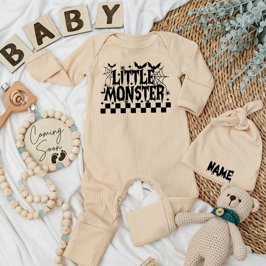 Little Monster Halloween Baby Bodysuit & Hat Set, Newborn Coming Home Outfit, Fall Baby Announcement Gift, Black Spooky Design