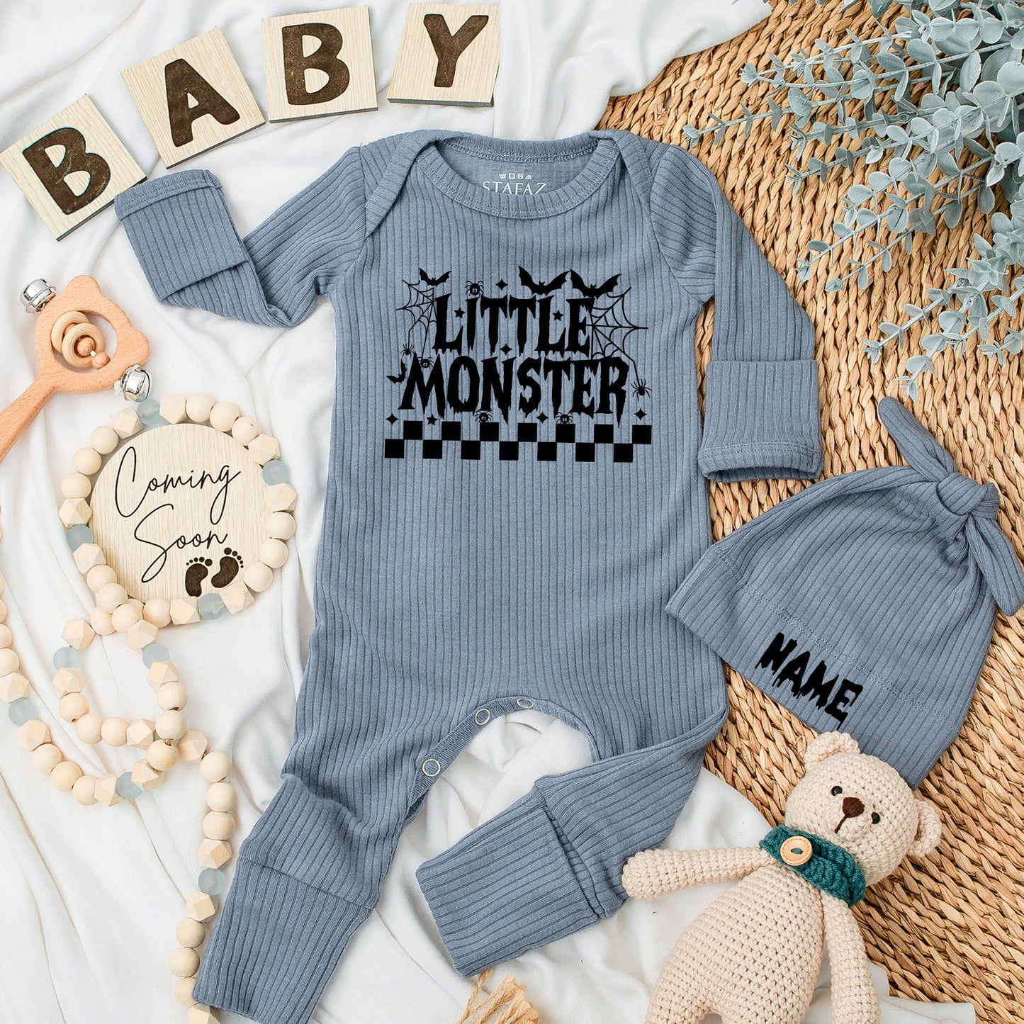 Little Monster Halloween Baby Bodysuit & Hat Set, Newborn Coming Home Outfit, Fall Baby Announcement Gift, Black Spooky Design