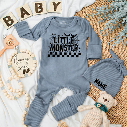 Little Monster Halloween Baby Bodysuit & Hat Set, Newborn Coming Home Outfit, Fall Baby Announcement Gift, Black Spooky Design