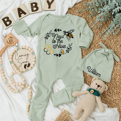 New to the Hive Baby Bodysuit & Hat Set Bee Design Newborn Gift, Cute Boho Baby Outfit, Baby Shower Present