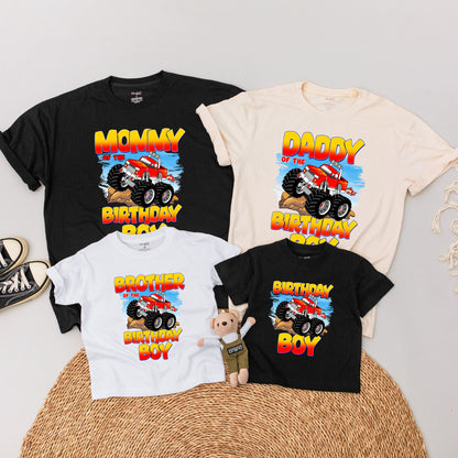 Monster Truck Birthday Boy Shirt, Family Matching Outfit Red White Flames, First Birthday Party Monster Jam Car Dirt Offroad Theme Baby Bodysuit 135 chars
