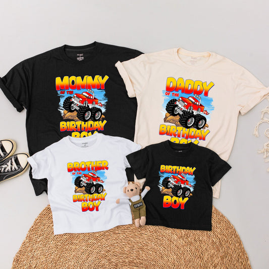 Monster Truck Birthday Boy Shirt, Family Matching Outfit Red White Flames, First Birthday Party Monster Jam Car Dirt Offroad Theme Baby Bodysuit 135 chars