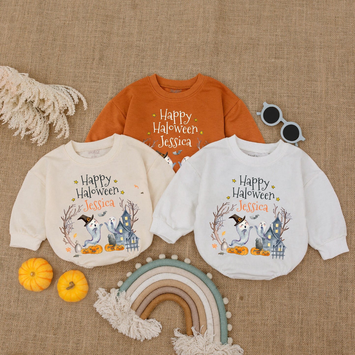 Personalized Happy Halloween Baby Clothes Cute Ghost & Pumpkin Watercolor First Halloween Outfit Bubble Romper Shower Gift