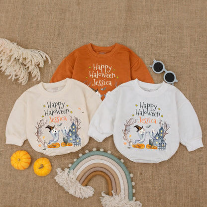 Personalized Happy Halloween Baby Clothes Cute Ghost & Pumpkin Watercolor First Halloween Outfit Bubble Romper Shower Gift