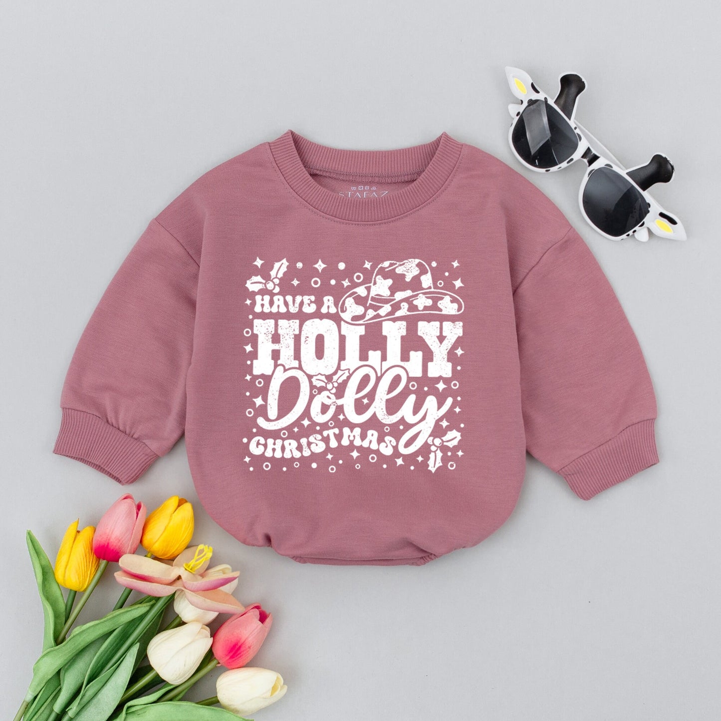 Dolly Parton Inspired Western Bubble Romper Have a Holly Dolly Christmas Funny Baby Outfit 1st Christmas Merry Vibes Gift