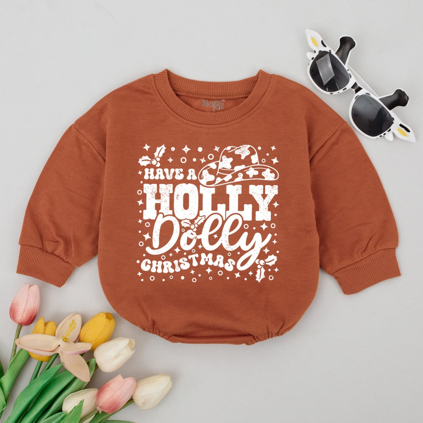 Dolly Parton Inspired Western Bubble Romper Have a Holly Dolly Christmas Funny Baby Outfit 1st Christmas Merry Vibes Gift