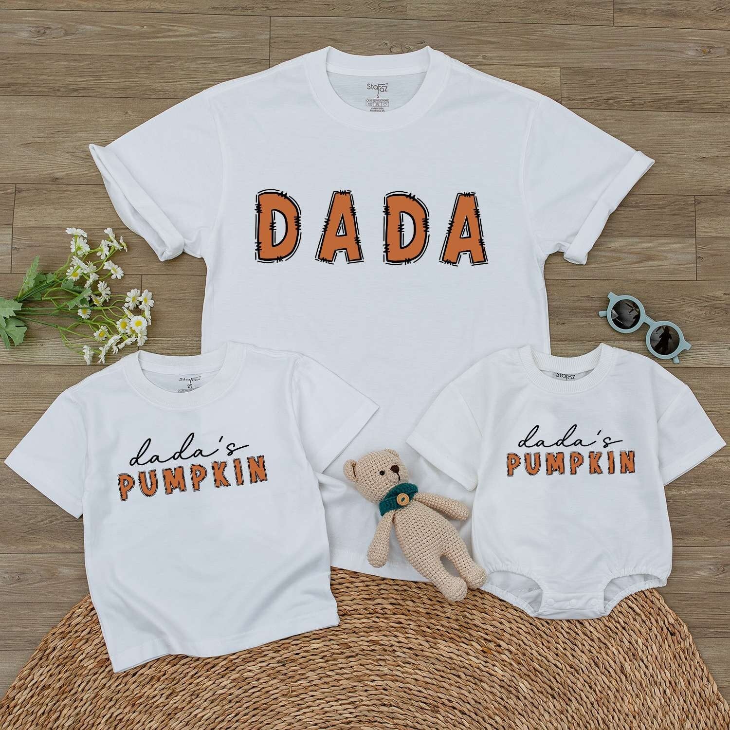 Pumpkin-Themed Family Outfits: Baby, Toddler, and Daddy Apparel