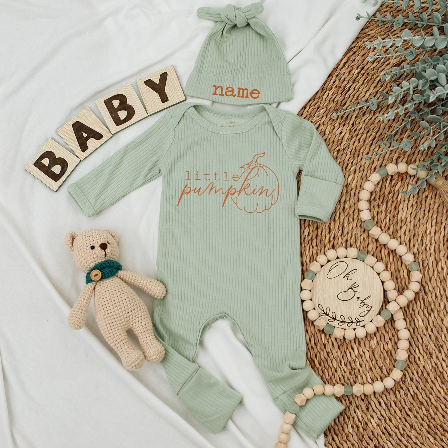 Our Little Pumpkin Baby Bodysuit and Hat Set Personalized Newborn Gift Coming Home Outfit Long Sleeve Baby Announcement Fall