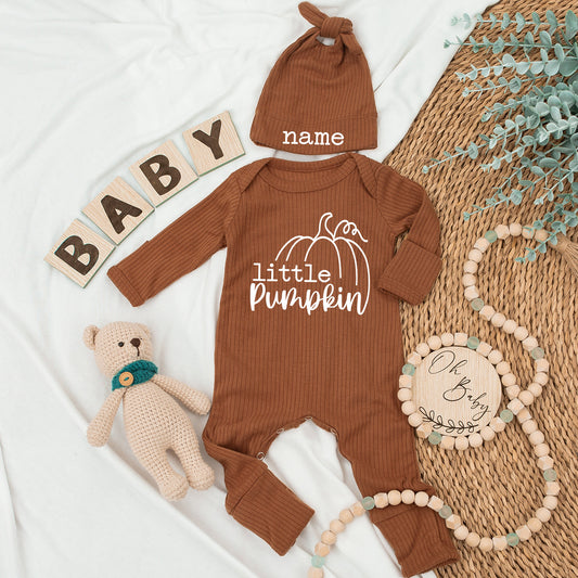 Little Pumpkin Baby Bodysuit & Hat Set Personalized Name Newborn Outfit Baby Shower Gift Fall Announcement