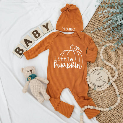 Little Pumpkin Baby Bodysuit & Hat Set Personalized Name Newborn Outfit Baby Shower Gift Fall Announcement
