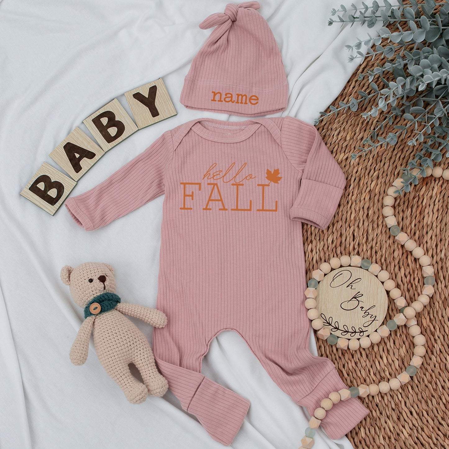 Hello Fall Baby Bodysuit & Hat Set, Personalized Newborn Outfit, Custom Name, White Leaf Design, Soft Cotton Coming Home Outfit, Pumpkin Spice Season (138)