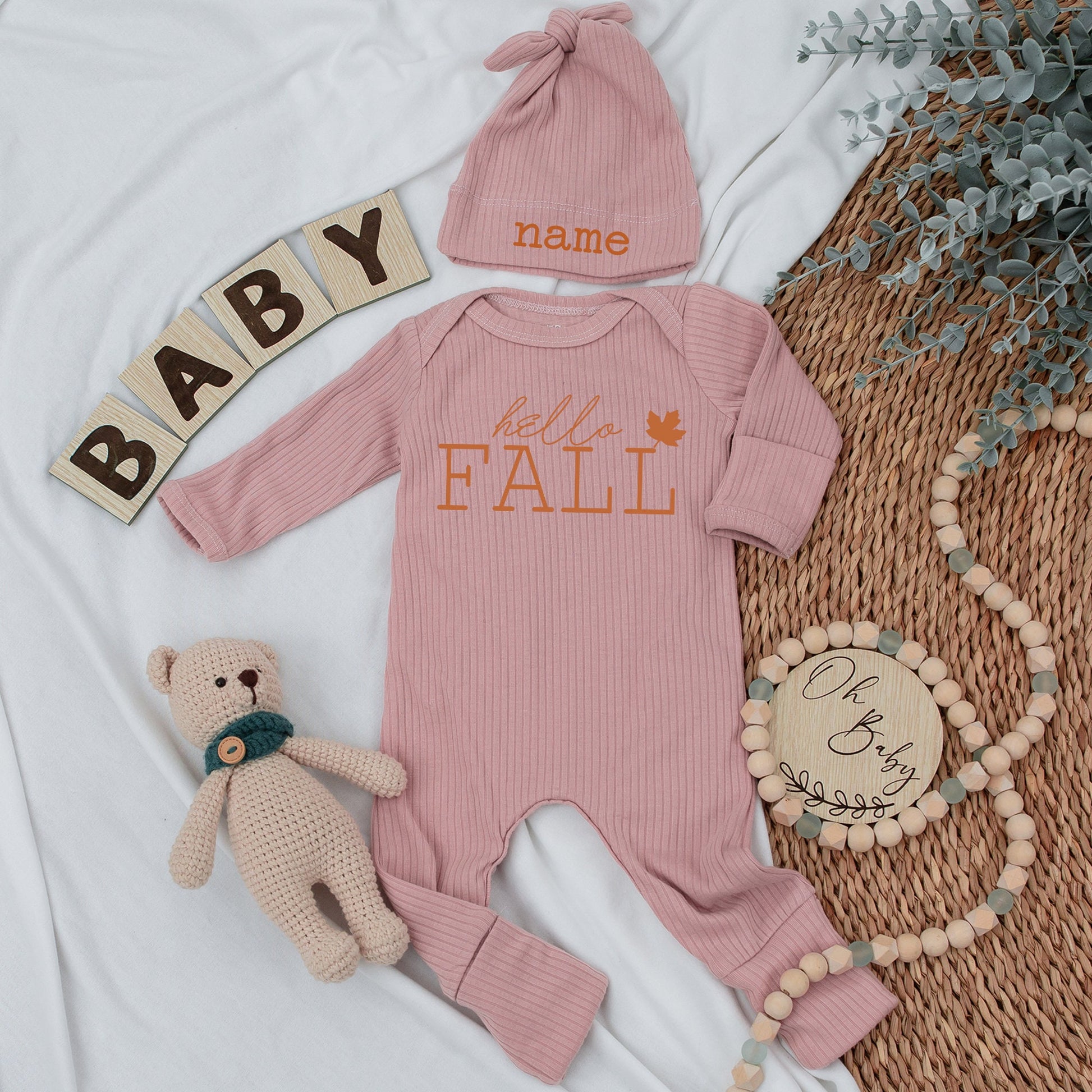 Hello Fall Baby Bodysuit & Hat Set, Personalized Newborn Outfit, Custom Name, White Leaf Design, Soft Cotton Coming Home Outfit, Pumpkin Spice Season (138)