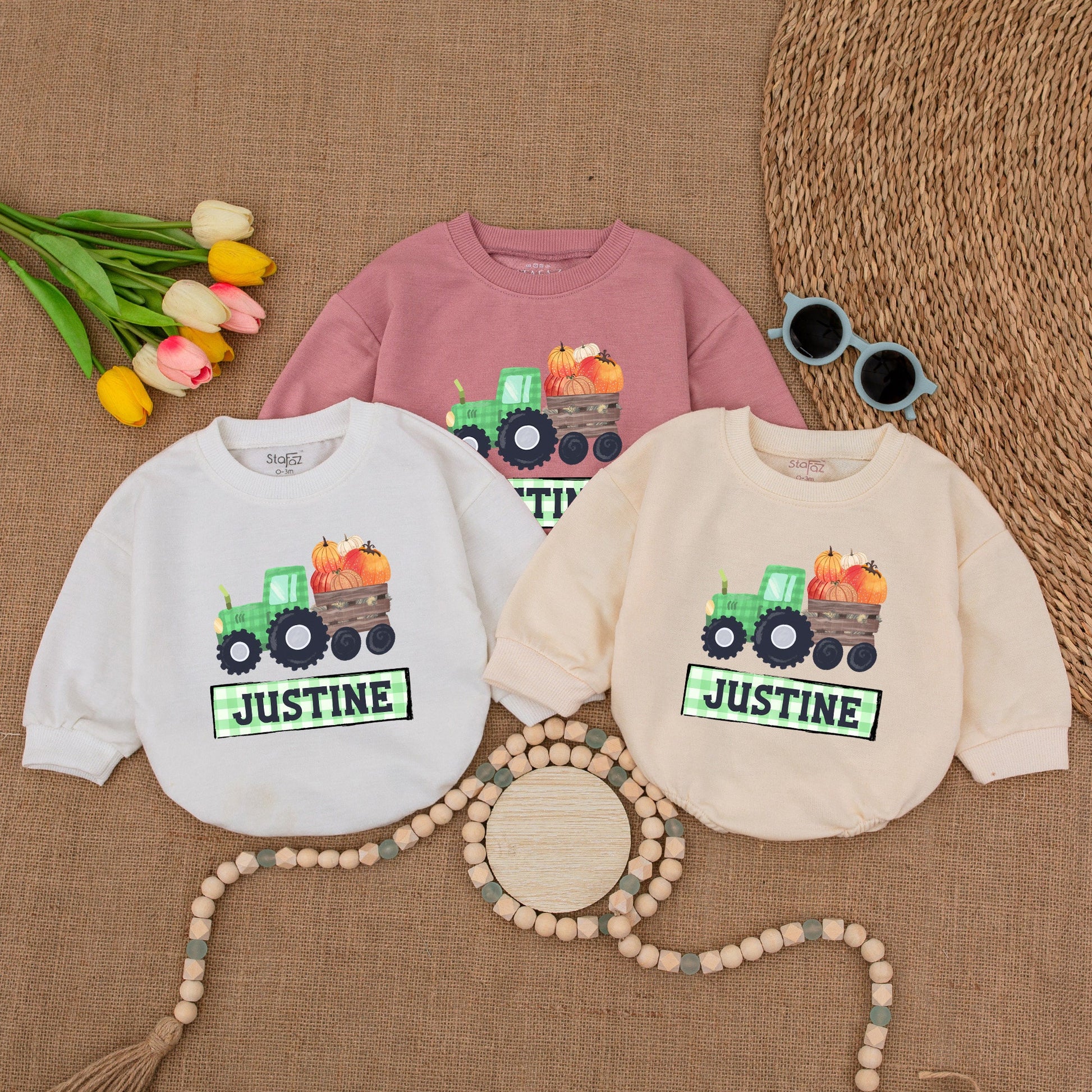 Personalized Pumpkin Tractor Romper - Fall Baby Outfit for Thanksgiving