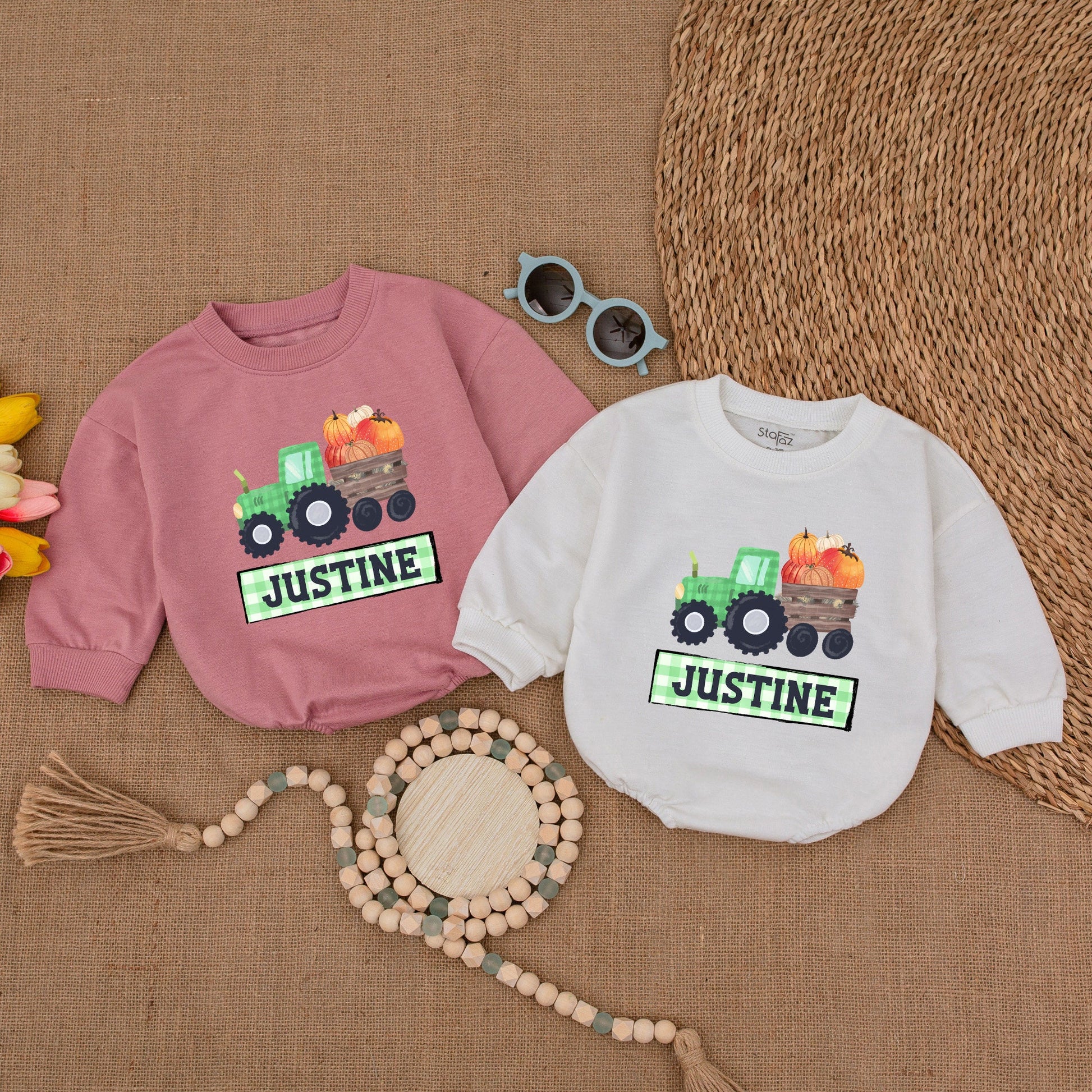 Personalized Pumpkin Tractor Romper - Fall Baby Outfit for Thanksgiving