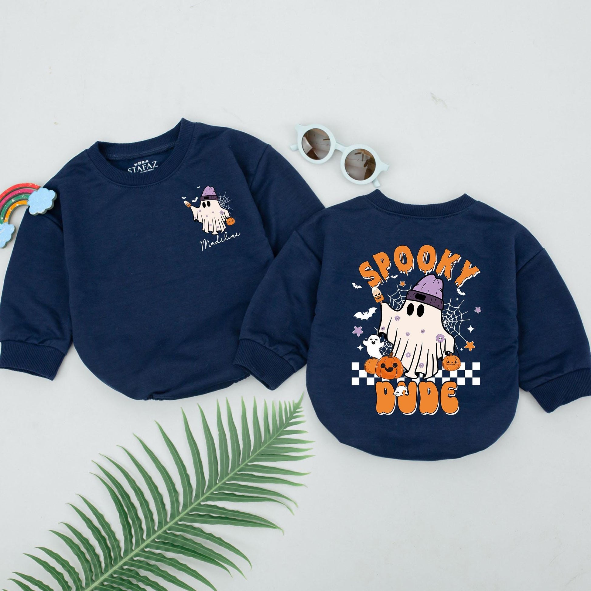 Personalized Spooky Dude Baby Romper Cute Whimsical Halloween Ghosts Pumpkins Bats Design First Birthday Outfit Soft Infant Toddler Bodysuit