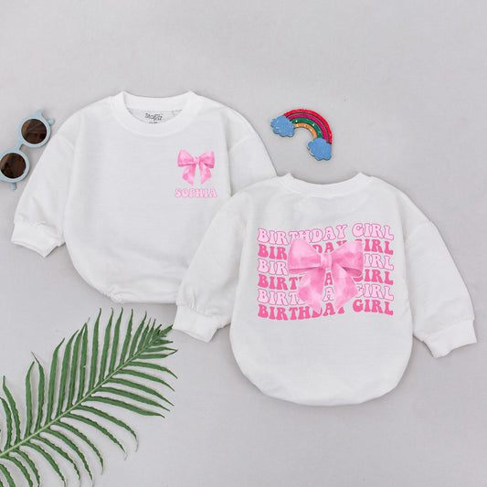 Personalized Pink Bow Birthday Girl Romper First Birthday Baby Outfit Sophia Bodysuit Bubble Romper Newborn Girls Baby Shower Gift