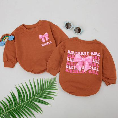 Personalized Pink Bow Birthday Girl Romper First Birthday Baby Outfit Sophia Bodysuit Bubble Romper Newborn Girls Baby Shower Gift