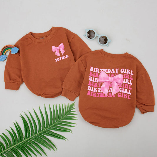 Personalized Pink Bow Birthday Girl Romper First Birthday Baby Outfit Sophia Bodysuit Bubble Romper Newborn Girls Baby Shower Gift