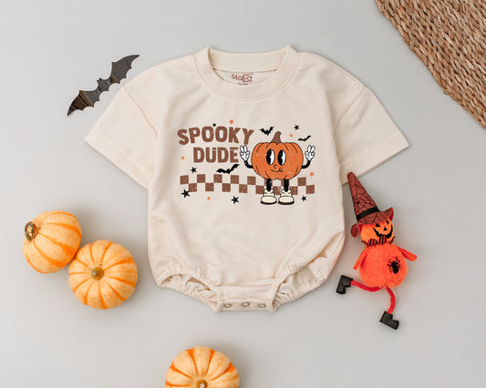 Spooky Dude Halloween Romper Baby Outfit Vintage Pumpkin Retro 1st Halloween Clothes Costume Boy Girl Fall First Birthday Party Outfit Checkerboard 138