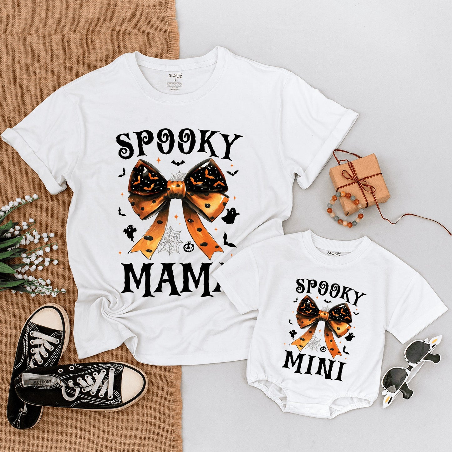 Retro Halloween Mommy & Me Outfits, Baby Bodysuit & Bow Tie Set