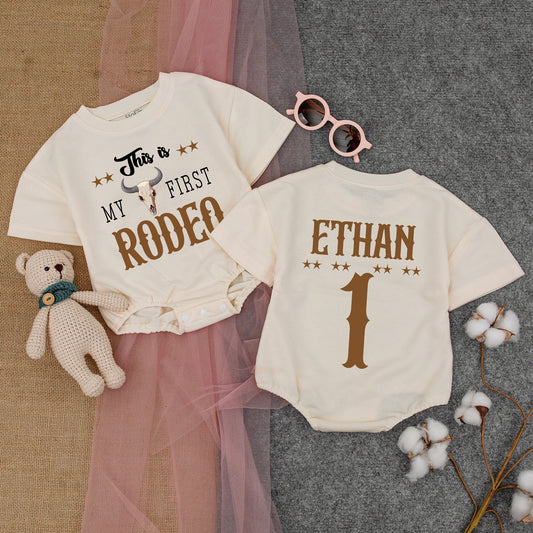 Custom First Rodeo Boy Romper - Cowboy 1st Birthday Outfit, Wild West Western Baby Clothes, Short Sleeve, One Year Old Gift