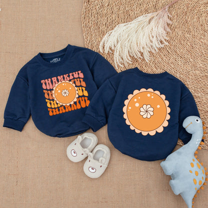 My First Thanksgiving Thankful Baby Bubble Romper Retro Fall Outfit Peach Orange Pie Design Autumnal Infant Clothes Brown Hues