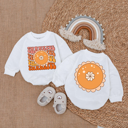 My First Thanksgiving Thankful Baby Bubble Romper Retro Fall Outfit Peach Orange Pie Design Autumnal Infant Clothes Brown Hues