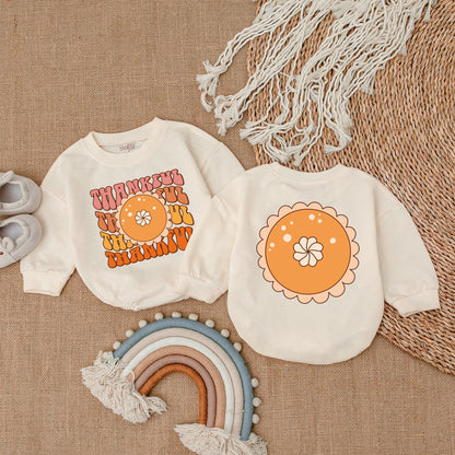 My First Thanksgiving Thankful Baby Bubble Romper Retro Fall Outfit Peach Orange Pie Design Autumnal Infant Clothes Brown Hues