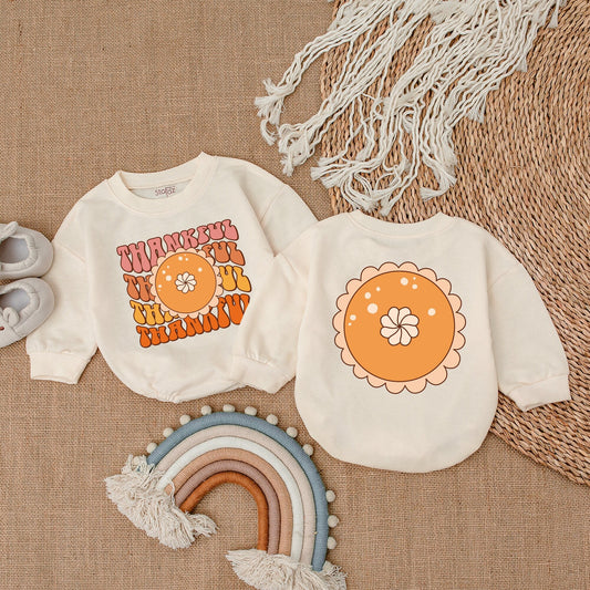 My First Thanksgiving Thankful Baby Bubble Romper Retro Fall Outfit Peach Orange Pie Design Autumnal Infant Clothes Brown Hues