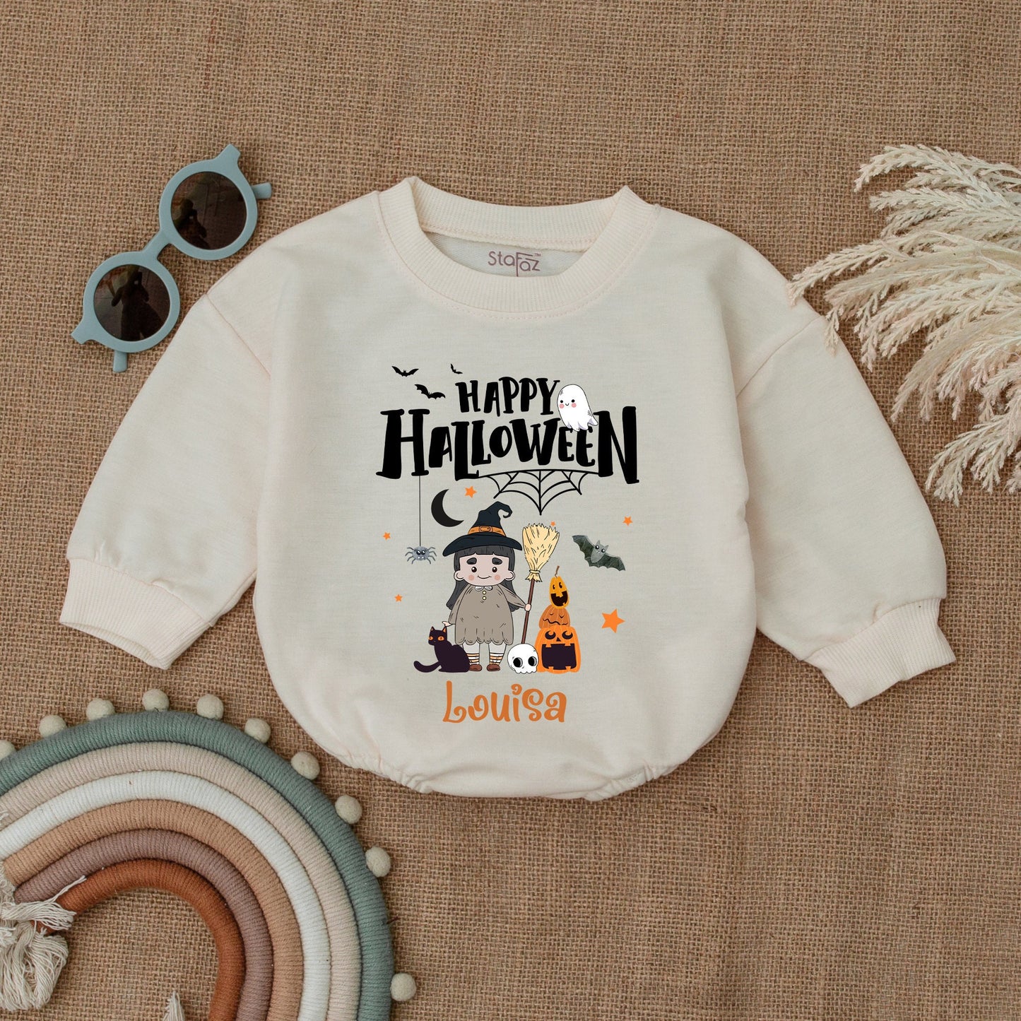Happy Halloween Bubble Romper Baby Girl Boy Witch Cat Pumpkin Ghost Design Louisa Name Print Infant Outfit Bat Spiderweb Gift