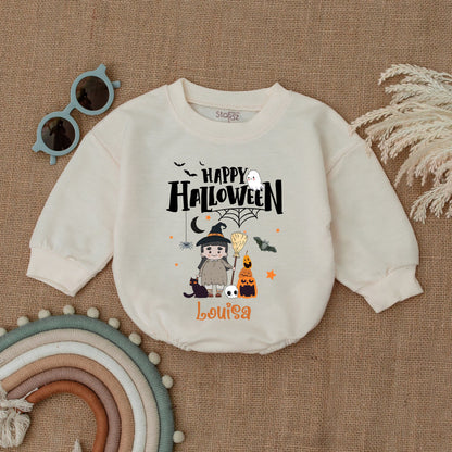 Happy Halloween Bubble Romper Baby Girl Boy Witch Cat Pumpkin Ghost Design Louisa Name Print Infant Outfit Bat Spiderweb Gift