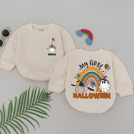 My First Halloween Baby Romper Personalized, Cute Spooky Season Newborn Outfit, Pastel Rainbow Ghost Design, Fun 1st Halloween Gift for Baby Girl 138