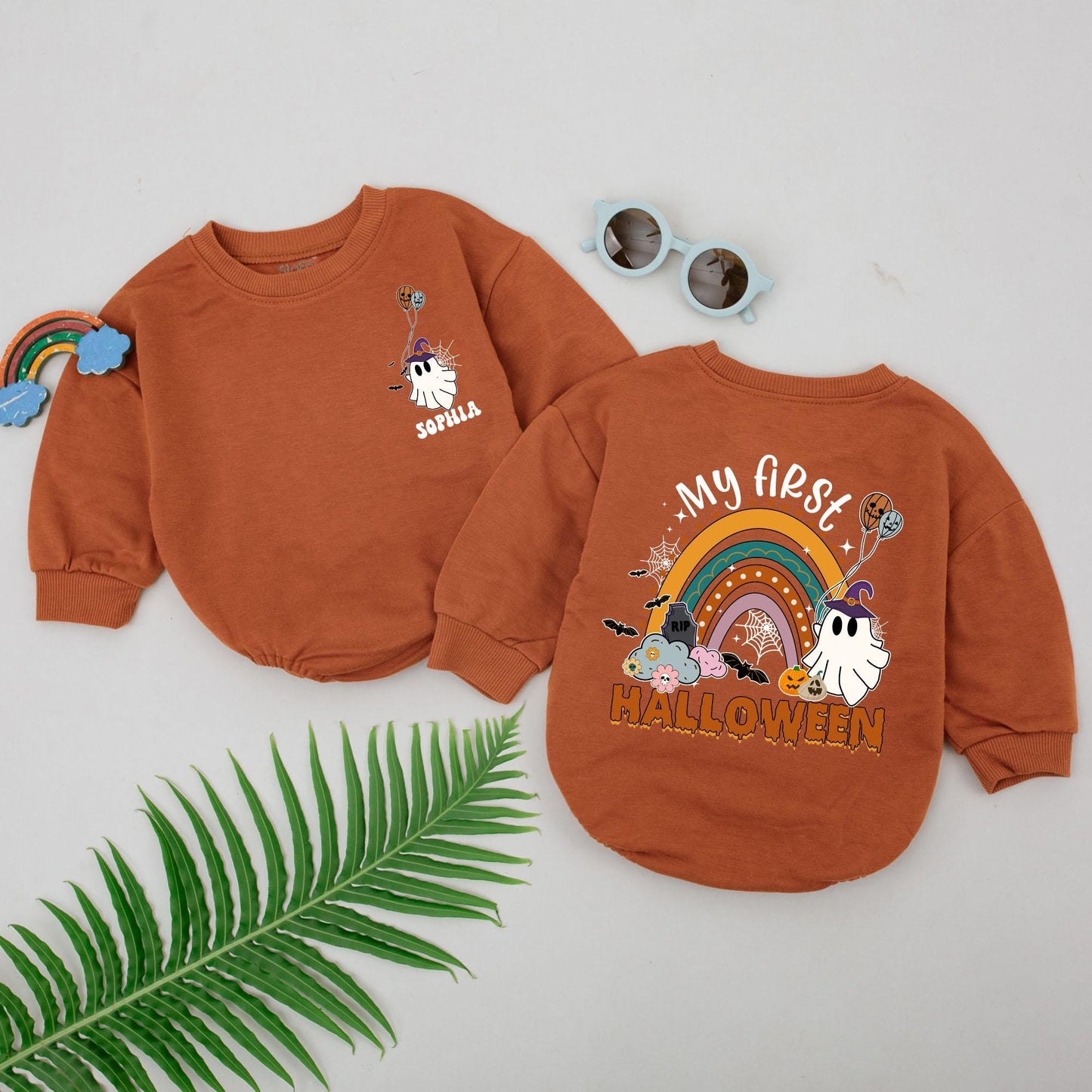 My First Halloween Baby Romper Personalized, Cute Spooky Season Newborn Outfit, Pastel Rainbow Ghost Design, Fun 1st Halloween Gift for Baby Girl 138
